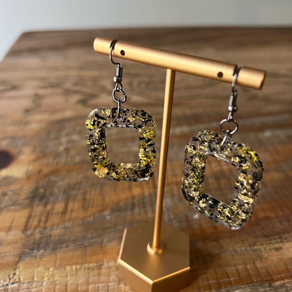 Gold & Black Confetti Rectangle Resin Earrings